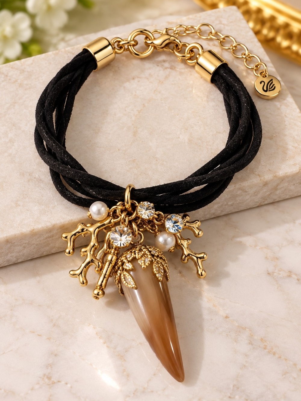 Saks Fifth Avenue Black Cord Bracelet with Gold & Brown Horn Charm